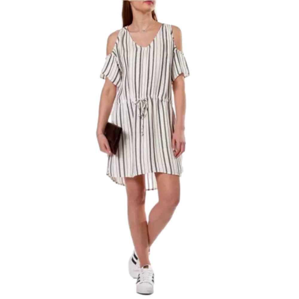 CLOTH & STONE Dress by Anthropologie Cold Shoulder Black White Stripes Women S